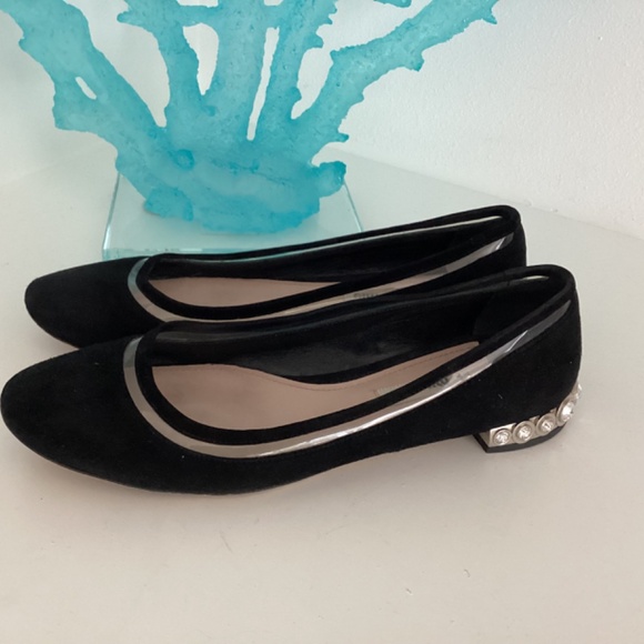 MIU MIU SUEDE FLATS WITH CRYSTAL HEEL EMBELLISHMENT SIZE 37.5 / US 7 - Picture 6 of 9